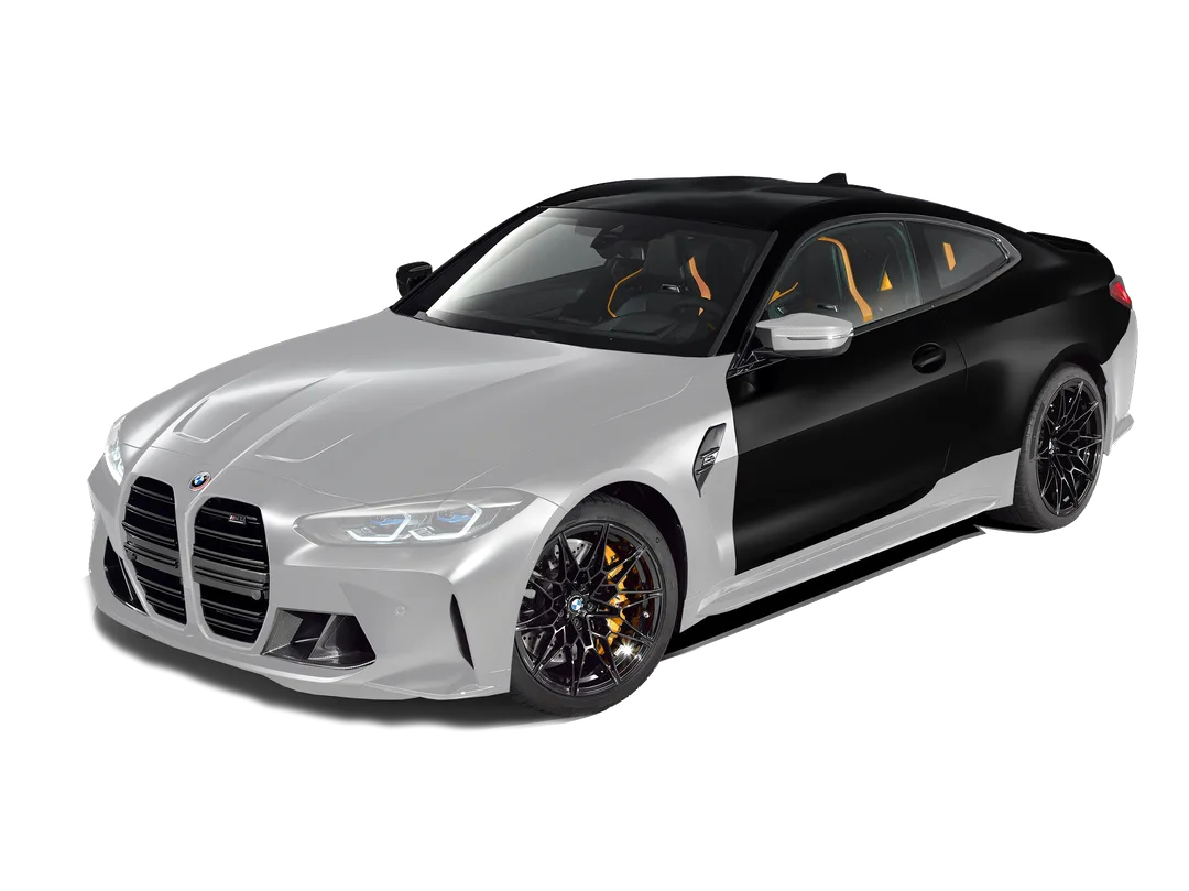 Tekening van een BMW M4 met de voorzijde, de sideskirts en de achterbumper in folie