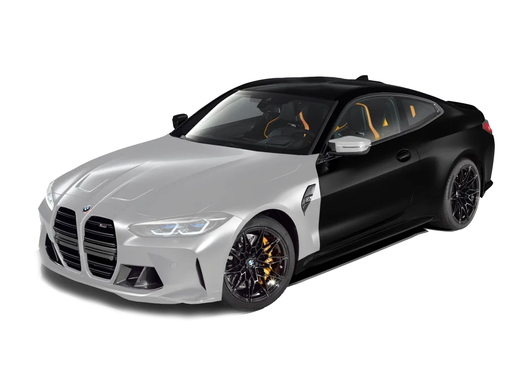 Tekening van een BMW M4 met de voorzijde in folie: motorkap, bumper, spiegels en voorschermen